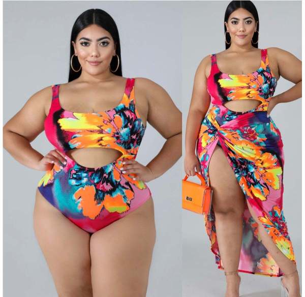Plus Size Printed Bodysuit Swimsuit+Long Skirt 2pcs Beachwear CYA-1053