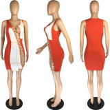 Fashion Sexy Contrast Color Splice Hollow Tie Up  Mini Dress MN-9288