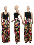 Plus Size Casual Printed Pocket High Waist Wide Leg Pants SXF-3109