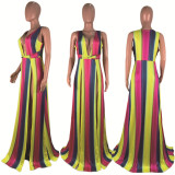 Rainbow Stripe V Neck High Split Sleeveless Maxi Dress DAI-8165