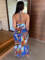 Sexy Printed Wrap Chest High Split Skirt 2 Piece Sets APLF-5036