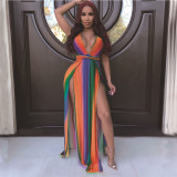 Rainbow Stripe V Neck High Split Sleeveless Maxi Dress DAI-8165