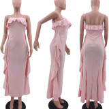 Fashion Solid Color Sling Ruffle Maxi Dress TK-6169