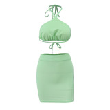 Sexy Solid Halter Crop Top Mini Skirt Two Piece Sets YIBF-6061