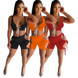 Sexy Lace Up Tank Top And Shorts 2 Piece Sets YSYF-7295