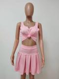Solid Color Sleeveless Pleated Mini Skirt Two Piece Sets LSD-9121