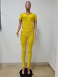 Solid Short Sleeve Zipper Top+Pants 2 Piece Sets Without Mask LSD-9093