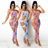 Sexy Printed Hole Spaghetti Strap Maxi Dress JPF-1034