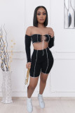 Sexy Long Sleeve Lace Up Two Piece Shorts Set LX-6891
