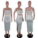 Sexy Striped Cami Top Split Skirt Two Piece Sets AWF-5860