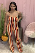Colorful Striped Backless Cross Strap Flare Jumpsuit SXF-2112