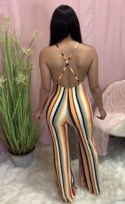 Colorful Striped Backless Cross Strap Flare Jumpsuit SXF-2112