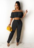 Solid Slash Neck Short Sleeve Two Piece Pant Sets TR-1137