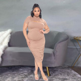 Plus Size Solid Short Sleeve Ruched Midi Dress YH-003