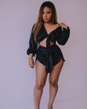 Sexy Long Sleeve Tie Up Top Shorts 2 Piece Sets WSM-2007