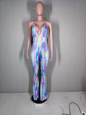 Sexy Printed Cross Strap Backless Deep V Jumpsuits YM-9274