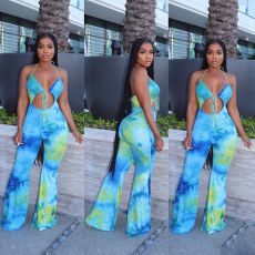 Sexy Printed Halter Backless Flared Jumpsuits LSL-6359