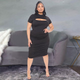Plus Size Solid Short Sleeve Ruched Midi Dress YH-003
