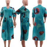 Plus Size Tie Dye V Neck Pocket Loose Midi Dress TK-6171