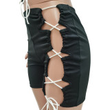 Solid Sleeveless Lace Up 2 Piece Shorts Set TR-1132