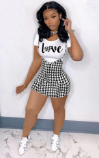 Casual T Shirt+Houndstooth Strap Skirt 2 Piece Sets  MUL-168
