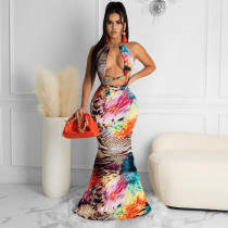 Sexy Printed Backless Mermaid Maxi Dress QSF-5080