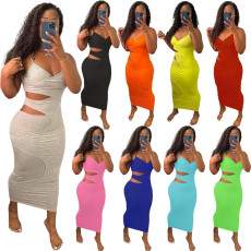 Plus Size Solid Hollow Out Spaghetti Strap Long Dress MN-9300