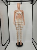 Plus Size Sexy Plaid Print Backless Two Piece Pant Sets YIM-179
