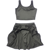 Solid Tank Top Culottes Pleated Skirt 2 Piece Sets MEI-9173