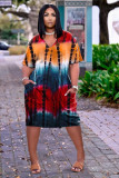 Plus Size Tie Dye Print V Neck Loose Midi Dress ARM-8270