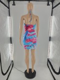 Sexy Printed Halter Hollow Dress+Underpant Beach 2 Piece Sets CQF-957