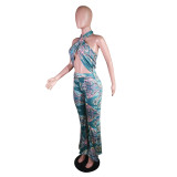Paisely Print Halter Backless Flare Jumpsuit MK-3052