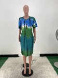 Plus Size Tie Dye Print V Neck Loose Midi Dress ARM-8270