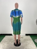 Plus Size Tie Dye Print V Neck Loose Midi Dress ARM-8270
