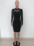 Black Mesh Patchwork Long Sleeve Mini Dress HTF-6067