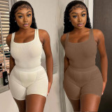 Solid Sleeveless Bodysuit+Shorts 2 Piece Suits HTF-6065