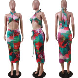 Tie Dye Wrap Chest Midi Skirt 2 Piece Sets WY-6794