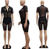 Fashion Sexy Mesh Short Sleeve Shirt And Shorts  Two Piece Sets NYF-8058