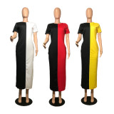 Contrast Color Patchwork Short Sleeve Maxi Dress WSM-2015
