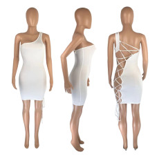 Sexy White One Shoulder Hollow Bandage Mini Dress MNSF-8244