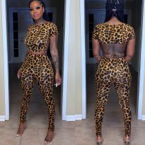 Fashion Leopard Print Short Sleeve And Pants Two Piece Sets MNSF-8215