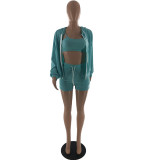 Plus Size Solid Cami Tops+Long Sleeve Coat+Shorts 3 Piece Sets LP-6230