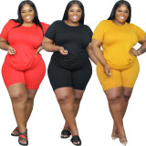 Plus Size Solid T Shirt And Shorts 2 Piece Sets FNN-8604