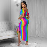 Rainbow Print Crop Top High Split Skirt 2 Piece Sets YN-1090