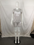 Plus Size Pink Letter Print T Shirt Shorts 2 Piece Suits QYF-5055