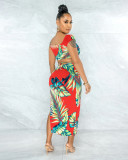 Floral Print V Neck Crop Top Split Skirt 2 Piece Sets APLF-5045