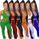 Solid Halter Backless Crop Top Stacked Pants 2 Piece Sets YNSF-1633