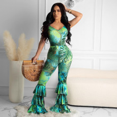 Sexy Printed Sleeveless Strap Flared Jumpsuit QSF-5086