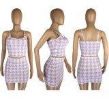 Houndstooth Print Cami Top Mini Skirt Two Piece Sets LM-8229