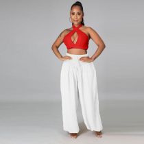 Hollow Out Halter Neck Cross Over Crop Top And Bloomers Two Piece Sets  XSF-6055